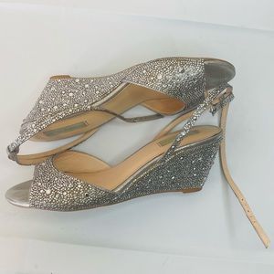Betsey Johnson Strappy 3" Wedge Rhinestone Bling Elora Silver Shoes